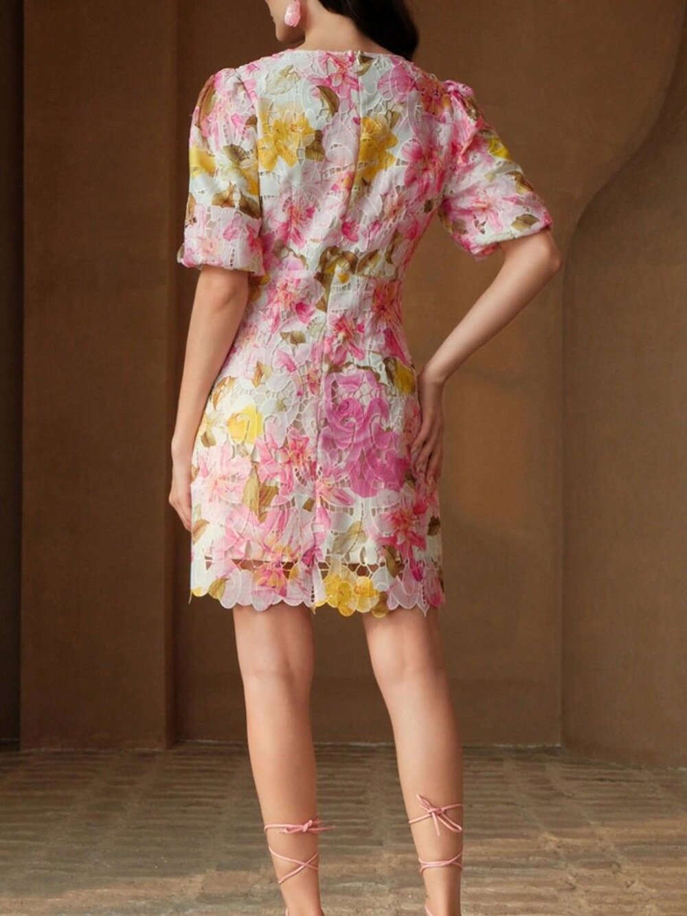 Pink Boho Women's V-Neck Puff Sleeve Ruffled A-Line Lace Floral Print Dress - Picture 2 of 7